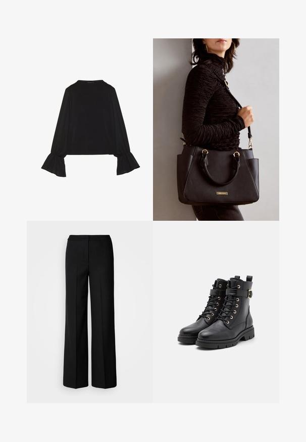 Black long-sleeve top featuring flared cuffs, soft texture, and a relaxed fit, with a simple round neckline.; Black wide-leg trousers with a smooth fabric, featuring a high waist, tailored seams, and a minimalist design. No visible hardware or pockets.; Black leather ankle boots with a round toe, lace-up design, gold eyelets, buckle accent, and a chunky, textured sole.; Black handbag with textured surface, dual top handles, and adjustable shoulder strap. Features gold-tone hardware and side pockets.
