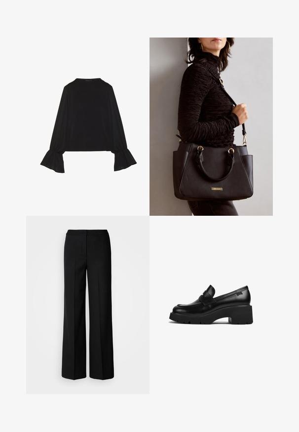 Črn dolg rokav vrh z razširjenimi manšetami, mehko teksturo in sproščenim krojem, z preprostim okroglim izrezom.; Črne široke hlače iz gladkega materiala, z visokim pasom, krojenimi šivi in minimalističnim dizajnom. Brez vidnih zakov ali žepov.; Črne usnjene molerke s debelim petom in širokim podplatom ter trakom čez zgornji del, prikazane s strani na beli podlagi.; Črna torbica z teksturirano površino, z dvema zgornjima ročajema in nastavljivim ramenskim pasom. Ima zlatovrateče dodatke in stranske žepe.
