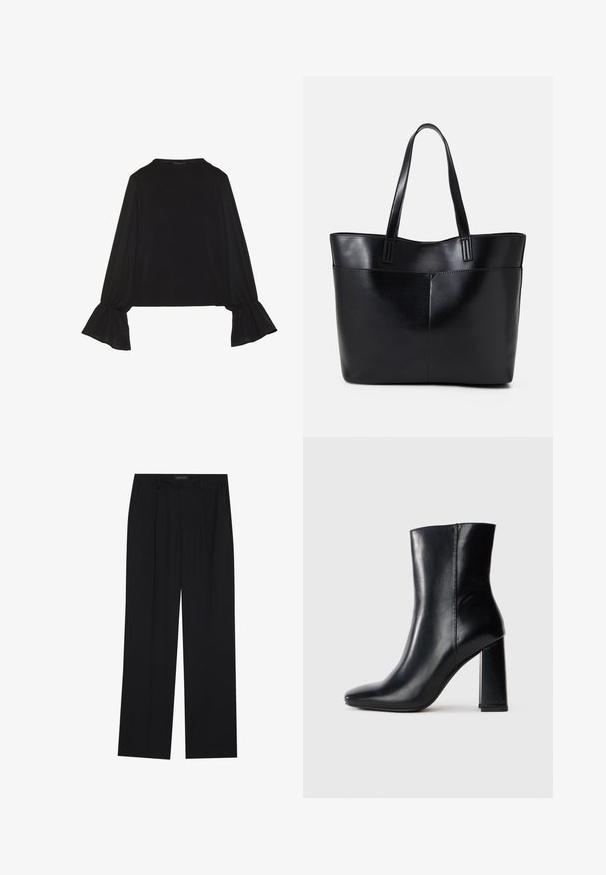 Top negro de manga larga con puños acampanados, textura suave y un ajuste relajado, con un sencillo cuello redondo.; Pantalones negros con un diseño de pierna recta, que cuentan con dos bolsillos frontales y una cinturilla. Fabricados con una tela suave y ligera.; Botín de piel negra hasta la mitad de la pantorrilla con punta afilada y tacón alto grueso, visto de lado sobre un fondo blanco liso.; Bolso tote de cuero negro con dos asas largas, textura suave y forma estructurada. Cuenta con un bolsillo frontal para almacenamiento adicional.