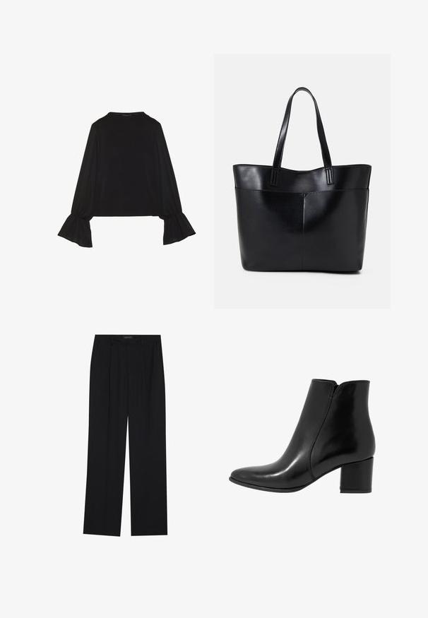 Top negro de manga larga con puños acampanados, textura suave y un ajuste relajado, con un sencillo cuello redondo.; Pantalones negros con un diseño de pierna recta, que cuentan con dos bolsillos frontales y una cinturilla. Fabricados con una tela suave y ligera.; Anna Field LEATHER - Botines - black; Bolso tote de cuero negro con dos asas largas, textura suave y forma estructurada. Cuenta con un bolsillo frontal para almacenamiento adicional.