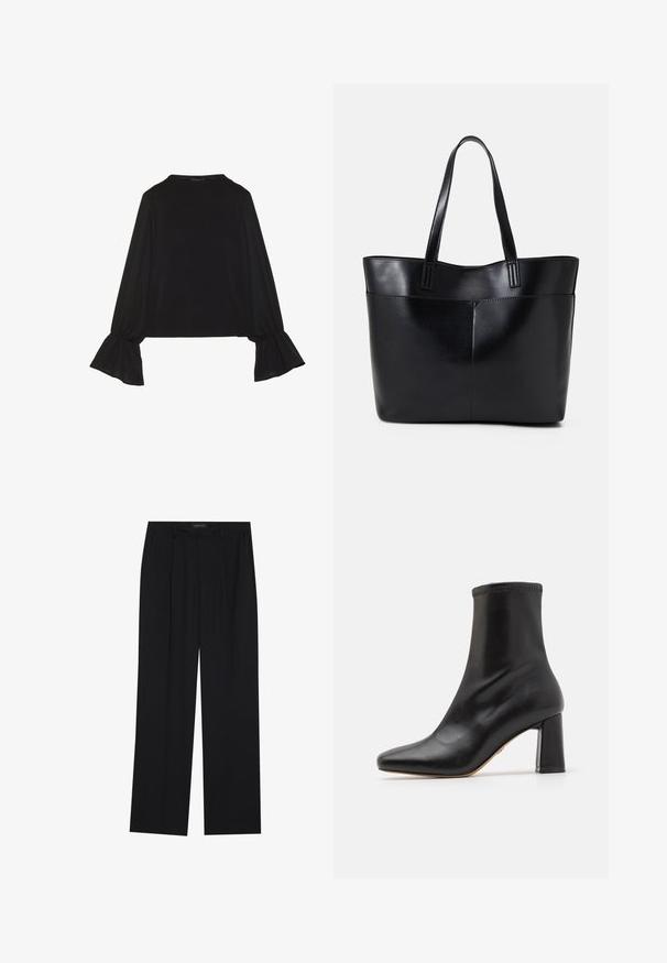 Top negru cu mânecă lungă, cu mansete evazate, textură moale și croială lejeră, având un guler rotund simplu.; Pantaloni negri cu un design drept, dotati cu doua buzunare frontale si un talie. Fabricati dintr-un material usor si neted.; Cizmă sport din piele neagră, la glezna, cu un finisaj neted, vârf ascuțit și toc pătrat. Dispune de un mansetă înaltă și cusături tonale în partea de sus.; Geantă oversized din piele neagră, cu două mânere lungi, de textură netedă și formă structurată. Are un buzunar frontal pentru stocare suplimentară.