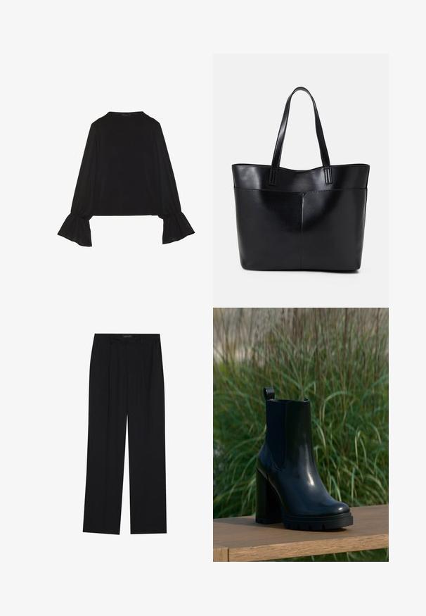 Top negro de manga larga con puños acampanados, textura suave y un ajuste relajado, con un sencillo cuello redondo.; Pantalones negros con un diseño de pierna recta, que cuentan con dos bolsillos frontales y una cinturilla. Fabricados con una tela suave y ligera.; Botín de cuero negro brillante con tacón alto grueso y tirador, exhibido sobre una superficie de madera con fondo de hierba alta verde.; Bolso tote de cuero negro con dos asas largas, textura suave y forma estructurada. Cuenta con un bolsillo frontal para almacenamiento adicional.