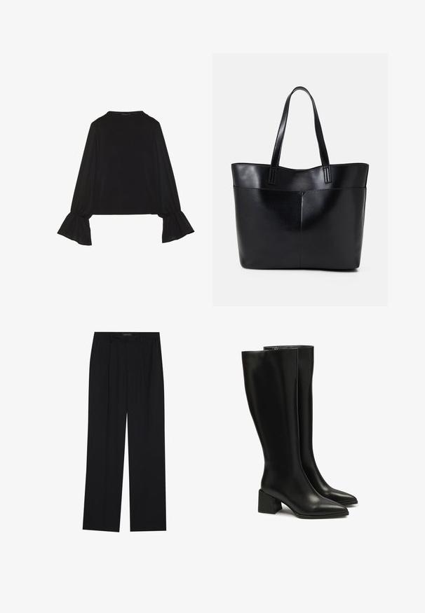 Črn dolg rokav vrh z razširjenimi manšetami, mehko teksturo in sproščenim krojem, z preprostim okroglim izrezom.; Črne hlače s ravnim krojem, ki imajo dva sprednja žepa in pas. Narejene so iz gladkega, lahkega materiala.; Črne usnjene škornje do kolen s koničastim nosom in debelim blok podplatom. Gladka tekstura, minimalno šivanje in preprost zadrge.; Črna usnjena torba z dvema dolgima ročajema, gladko teksturo in strukturirano obliko. Ima sprednji žep za dodatno shranjevanje.