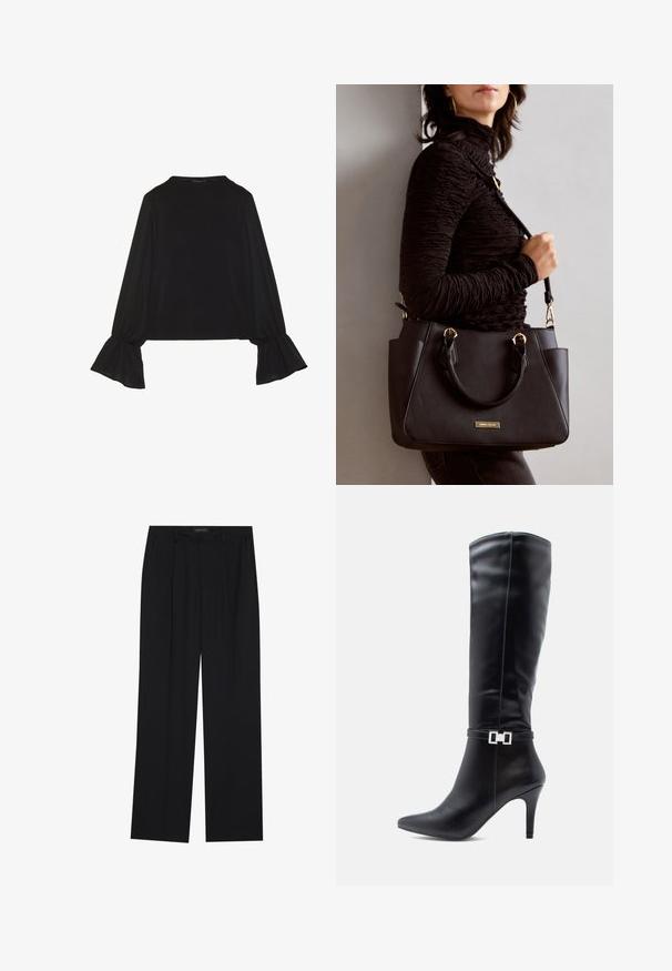 Top negro de manga larga con puños acampanados, textura suave y un ajuste relajado, con un sencillo cuello redondo.; Pantalones negros con un diseño de pierna recta, que cuentan con dos bolsillos frontales y una cinturilla. Fabricados con una tela suave y ligera.; Bota de cuero negra hasta la rodilla con punta afilada, tacón de aguja alto y un detalle decorativo de hebilla plateada alrededor del tobillo.; Bolso negro con superficie texturizada, doble asa superior y correa para hombro ajustable. Presenta herrajes en tono dorado y bolsillos laterales.