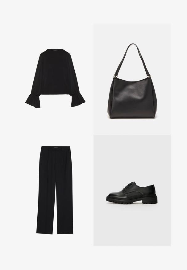 Čierny top s dlhými rukávmi, flitrovanými manžetami, mäkkou textúrou a voľným strihom, s jednoduchým okrúhlym výstrihom.; Čierne nohavice so strihom rovného nohu, s dvoma prednými vreckami a pásom. Vyrobené z hladkej, ľahkej textílie.; Čierna kožená oxford obuv s okrúhlou špičkou, upevnením na šnúrky a textúrovanou gumovou podrážkou s profilom pre lepšiu priľnavosť.; Čierna syntetická kožená kabelka s jemnou textúrou, tvarom hobo a dvojitými ramennými popruhmi; obsahuje lesklý povrch a minimalistický dizajn.