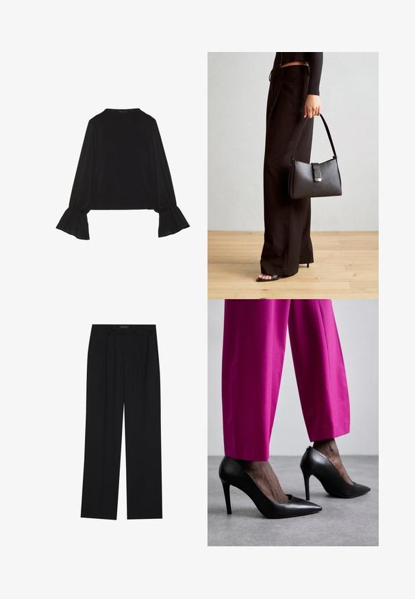 Juoda ilgomis rankovėmis palaidinė su išsiplėtusiais rankogaliais, minkšta tekstūra ir laisva forma, su paprastu apvaliu kaklu.; Juodos kelnes su tiesiomis sijonais, turinčios dvi priekinės kišenės ir juosmenį. Pagamintos iš lygios, lengvos medžiagos.; Juodi aukšti kulniukai su smailiu pirštu ir lygia odos tekstūra. Suderinti su ryškiai rožinėmis pritaikytomis kelnėmis.; Juodas rankinė struktūrizuota forma, lygi tekstūra ir metalinis užsegimas. Suporuota su plačiomis juodomis kelnėmis ir atvirais bateliais ant medinių grindų.