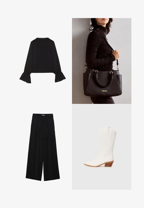 Melna garām piedurknēm krekls ar izplestu aproču, maigu tekstūru un brīvu piegriezumu, ar vienkāršu apaļu dekoltē.; Melni platleņķa bikses ar teksturētu audumu, elastīgu jostu un noņemamu siksnu viduklī, kas nodrošina regulējamu piegulšanu.; Baltajā rietumu stilā izstrādātas potīšu zābakus ar smailu purngalu, teksturētu audumu, izšuvumu un sakrautām koka papēžiem.; Melnā rokassoma ar teksturētu virsmu, diviem augšējiem rokturiem un regulējamu pleca siksnu. Iespējas ar zelta krāsas aparatūru un sānu kabatām.