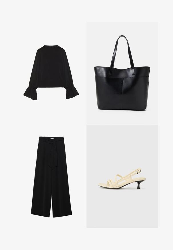 Black long-sleeve top featuring flared cuffs, soft texture, and a relaxed fit, with a simple round neckline.; Black wide-leg pants featuring a textured fabric, an elastic waistband, and a detachable sash tie at the waist for adjustable fit.; Yellow strappy sandal with a pointed toe, small black heel, and adjustable buckle. Smooth texture with a minimalist design and no visible patterns.; Black leather tote bag with two long handles, a smooth texture, and a structured shape. Features a front pocket for additional storage.