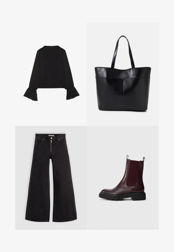 Maglietta nera a maniche lunghe con polsini svasati, texture morbida e vestibilità rilassata, con un semplice collo rotondo.; Jeans a gamba larga in denim nero con chiusura a zip, design a cinque tasche e dettagli di cucitura sottili. Texture morbida e stile casual.; Stivali Chelsea in pelle bordeaux con pannelli laterali elastici, suola in gomma nera testurizzata e linguette per una facile calzata.; Borsa a tracolla in pelle nera con due manici lunghi, una texture liscia e una forma strutturata. Presenta una tasca frontale per ulteriore spazio di archiviazione.