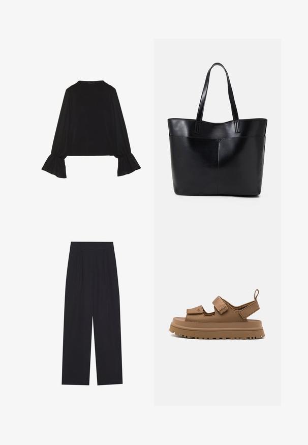 Schwarz langärmliges Oberteil mit ausgestellt geschnittenen Bündchen, weicher Textur und entspannter Passform, mit einem schlichten runden Halsausschnitt.; Schwarze, weit geschnittene Hosen aus einem glatten Material, mit Falten, einem flachen Bund und ohne sichtbare Taschen oder Verzierungen.; UGG GOLDENGLOW - Plateausandalette - bison brown; Schwarze Leder-Shopper-Tasche mit zwei langen Griffen, einer glatten Textur und einer strukturierten Form. Verfügt über eine Vordertasche für zusätzlichen Stauraum.