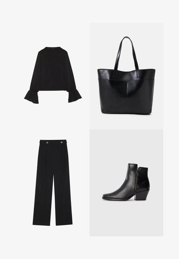 Black long-sleeve top featuring flared cuffs, soft texture, and a relaxed fit, with a simple round neckline.; Black wide-leg trousers with high waist, button details on waistband, and front pleats.; Black leather ankle boot with a pointed toe, side zipper, and a chunky heel. Smooth texture and minimalistic design.; Black leather tote bag with two long handles, a smooth texture, and a structured shape. Features a front pocket for additional storage.