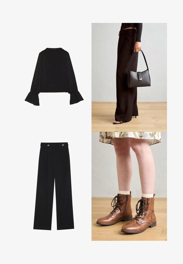 Top preto de mangas longas com punhos largos, textura suave e um corte descontraído, com um simples decote redondo.; Calças largas pretas com cintura alta, detalhes em botão na cintura e pregas frontais.; Botas de tornozelo em couro castanho com detalhes de atacadores e fecho éclair. Apresentam um bico redondo e um salto baixo, combinadas com meias creme e uma saia floral.; Bolsa preta com forma estruturada, textura suave e um fecho metálico. Combinada com calças largas pretas e sandálias de salto aberto sobre um chão de madeira.
