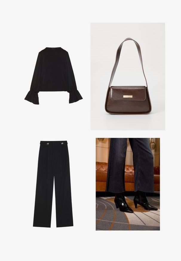 Top negru cu mânecă lungă, cu mansete evazate, textură moale și croială lejeră, având un guler rotund simplu.; Pantaloni negri cu picioare largi, talie înaltă, detalii cu butoane pe talie și pliseuri în față.; Bocanci negri cu vârf ascuțit și finisaj texturat purtați sub pantaloni largi negri cu margini destrămate, pe un covor cu model.; Geanta de umăr din piele maro, cu o formă structurată, care dispune de un închizător cu clapetă magnetică și un accent metalic cu logo pe față.