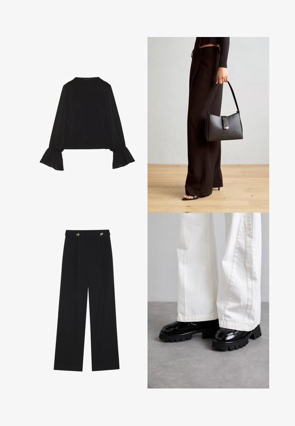 Zwarte langemouwen top met uitlopende manchetten, een zachte textuur en een relaxed fit, met een eenvoudige ronde halslijn.; Zwarte wijde broek met hoge taille, knoopdetails op de tailleband en plooien aan de voorkant.; Zwarte schoenen met dikke zolen en een glanzende afwerking, gecombineerd met witte wide-leg broeken. Opvallende dikke profiel en gladde textuur op de schoenen.; Zwarte handtas met gestructureerde vorm, gladde textuur en een metalen sluiting. Gecombineerd met brede zwarte broeken en sandalen met open teen op een houten vloer.