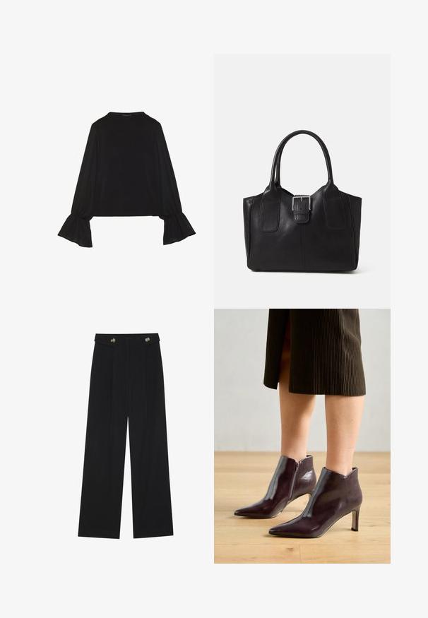 Black long-sleeve top featuring flared cuffs, soft texture, and a relaxed fit, with a simple round neckline.; Black wide-leg trousers with high waist, button details on waistband, and front pleats.; Maroon leather ankle boots with a pointed toe and slim heel. Features a side zipper and smooth, glossy texture.; Black leather tote bag with smooth texture, structured shape, two handles, and a prominent silver buckle detail on the front.