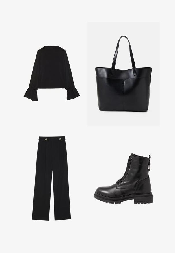 Fekete, hosszú ujjú felső, harang alakú mandzsettákkal, puha textúrával és laza szabással, egyszerű, kerek nyakkivágással.; Fekete, bő szárú nadrág magas derékkal, gombos részletekkel a derékrészen és elülső pliszékkal.; Fekete bőr bokacsizma kerek orral, fűzős elejével és texturált gumitalppal. Hátul húzófüllel és megerősített varrással rendelkezik.; Fekete bőr bevásárlótáska két hosszú fogantyúval, sima felülettel és strukturált formával. Elülső zseb található rajta a plusz tárolás érdekében.