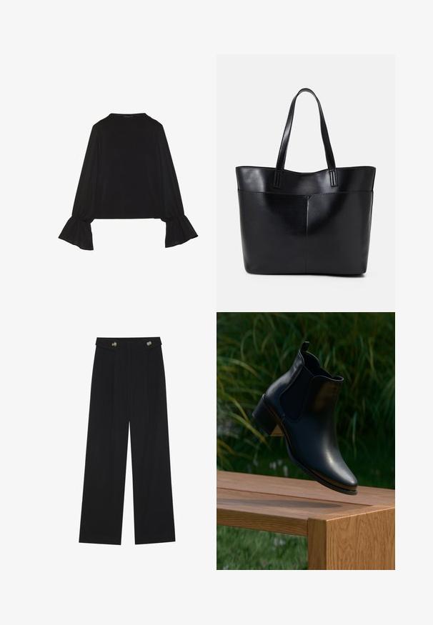 Mustsärgid musta tooniga, pika varrukaga, flöödid käised, pehme tekstuur ja vabalt langev lõige, lihtsa ümaraga kaelusega.; Mustad laiad püksid kõrge vöökoha ja nööpdetailidega vööandil, esikortsudega.; Mustad musta nahast ankle boot terava varbaga, elastsete külgpaneelidega ja kuhjakämbla kannaga, riputatud puidust pinna kohal roheluse taustal.; Must mustaga musta nahast, millel on kaks pikka kanda, sile tekstuur ja struktureeritud kuju. Esipoolsel on lisakoti jaoks tasku.