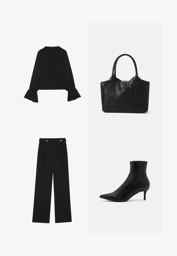 Top negro de manga larga con puños acampanados, textura suave y un ajuste relajado, con un sencillo cuello redondo.; Pantalones de pierna ancha negros con cintura alta, detalles de botones en la cinturilla y pliegues en la parte delantera.; Botas negras hasta el tobillo hechas de cuero liso con punta afilada y un tacón corto y delgado. Presentan un diseño sin costuras y sutiles acentos de costura.; Bolso tote de cuero negro con textura suave, forma estructurada, dos asas y un prominente detalle de hebilla plateada en la parte frontal.