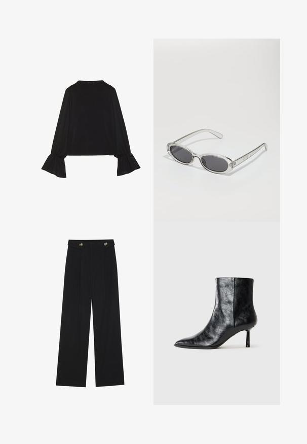 Fekete, hosszú ujjú felső, harang alakú mandzsettákkal, puha textúrával és laza szabással, egyszerű, kerek nyakkivágással.; Fekete, bő szárú nadrág magas derékkal, gombos részletekkel a derékrészen és elülső pliszékkal.; Fekete bőr bokacsizma hegyes orral és vékony, rövid fellépővel. Texturált felülettel és letisztult dizájnnal rendelkezik, zökkenőmentes oldallal.; Ovális formájú napszemüveg, átlátszó műanyag keret, sötétszürke lencsék és vékony, átlátszó szárak, logóakkcentussal és minimális díszítéssel.; Fekete bőr bevásárlótáska két hosszú fogantyúval, sima felülettel és strukturált formával. Elülső zseb található rajta a plusz tárolás érdekében.
