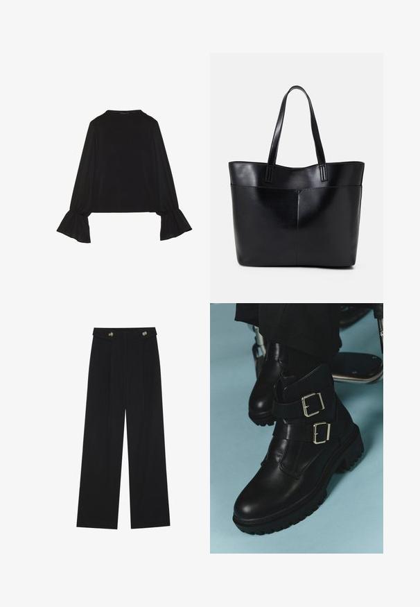 Top preto de mangas longas com punhos largos, textura suave e um corte descontraído, com um simples decote redondo.; Calças largas pretas com cintura alta, detalhes em botão na cintura e pregas frontais.; Botas de tornozelo em couro preto com duas fivelas ajustáveis, sola texturizada e bico arredondado. Projetadas para durabilidade e estabilidade.; Bolsa tote preta em couro com duas alças longas, textura suave e forma estruturada. Apresenta um bolso frontal para armazenamento adicional.