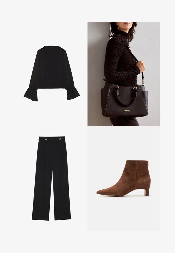 Fekete, hosszú ujjú felső, harang alakú mandzsettákkal, puha textúrával és laza szabással, egyszerű, kerek nyakkivágással.; Fekete, bő szárú nadrág magas derékkal, gombos részletekkel a derékrészen és elülső pliszékkal.; Anna Field LEATHER - Bokacsizmák - tan; Fekete kézitáska texturált felülettel, dupla felső fogantyúval és állítható vállpánttal. Arany színű fém kiegészítők és oldalsó zsebek találhatók rajta.