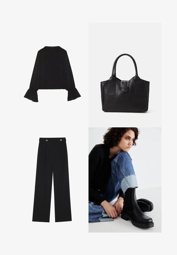 Sort langærmet top med flagrende manchetter, blød tekstur og en afslappet pasform, samt en enkel rund halsudskæring.; Sorte vide bukser med høj talje, knapdetaljer på taljebåndet og frontfald.; Sorte ankelstøvler med elastiske sidepaneler, tyk sål og firkantet tå. Båret med slidte blå jeans med en frynset kant.; Sort læder tote taske med glat tekstur, struktureret form, to håndtag og en fremtrædende sølvspænde detalje på forsiden.