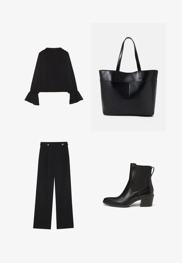 Zwarte langemouwen top met uitlopende manchetten, een zachte textuur en een relaxed fit, met een eenvoudige ronde halslijn.; Zwarte wijde broek met hoge taille, knoopdetails op de tailleband en plooien aan de voorkant.; Zwarte leren enkellaars met elastische zijpanelen, spitse neus en een blokhak. Voorzien van een lusje voor gemakkelijk aantrekken.; Zwarte leren tote bag met twee lange handvatten, een zachte textuur en een gestructureerde vorm. Voorzien van een voorvak voor extra opslagruimte.
