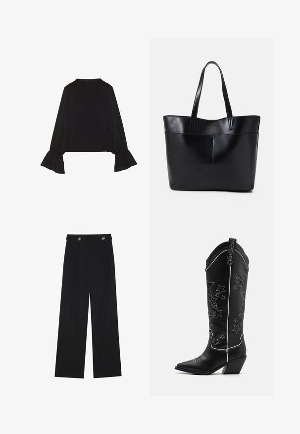 Black long-sleeve top featuring flared cuffs, soft texture, and a relaxed fit, with a simple round neckline.; Black wide-leg trousers with high waist, button details on waistband, and front pleats.; Black cowboy boots with pointed toes, a chunky heel, and star patterns stitched in white along the shaft. Soft leather material.; Black leather tote bag with two long handles, a smooth texture, and a structured shape. Features a front pocket for additional storage.