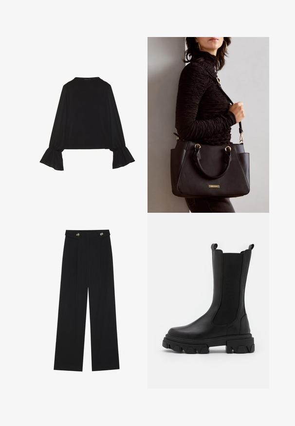 Fekete, hosszú ujjú felső, harang alakú mandzsettákkal, puha textúrával és laza szabással, egyszerű, kerek nyakkivágással.; Fekete, bő szárú nadrág magas derékkal, gombos részletekkel a derékrészen és elülső pliszékkal.; Pavement INA - Platform csizmák - black; Fekete kézitáska texturált felülettel, dupla felső fogantyúval és állítható vállpánttal. Arany színű fém kiegészítők és oldalsó zsebek találhatók rajta.