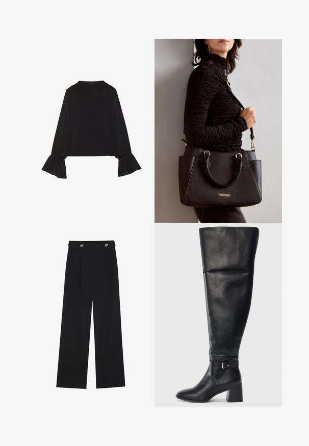Black long-sleeve top featuring flared cuffs, soft texture, and a relaxed fit, with a simple round neckline.; Black wide-leg trousers with high waist, button details on waistband, and front pleats.; Black knee-high leather boot with block heel and decorative strap with gold buckle above the ankle, side view on white background.; Black handbag with textured surface, dual top handles, and adjustable shoulder strap. Features gold-tone hardware and side pockets.