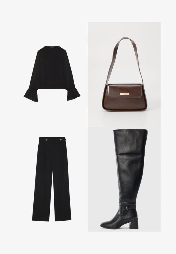 Black long-sleeve top featuring flared cuffs, soft texture, and a relaxed fit, with a simple round neckline.; Black wide-leg trousers with high waist, button details on waistband, and front pleats.; Black knee-high leather boot with block heel and decorative strap with gold buckle above the ankle, side view on white background.; Brown leather shoulder bag with a structured shape, featuring a magnetic flap closure and a metallic logo accent on the front.