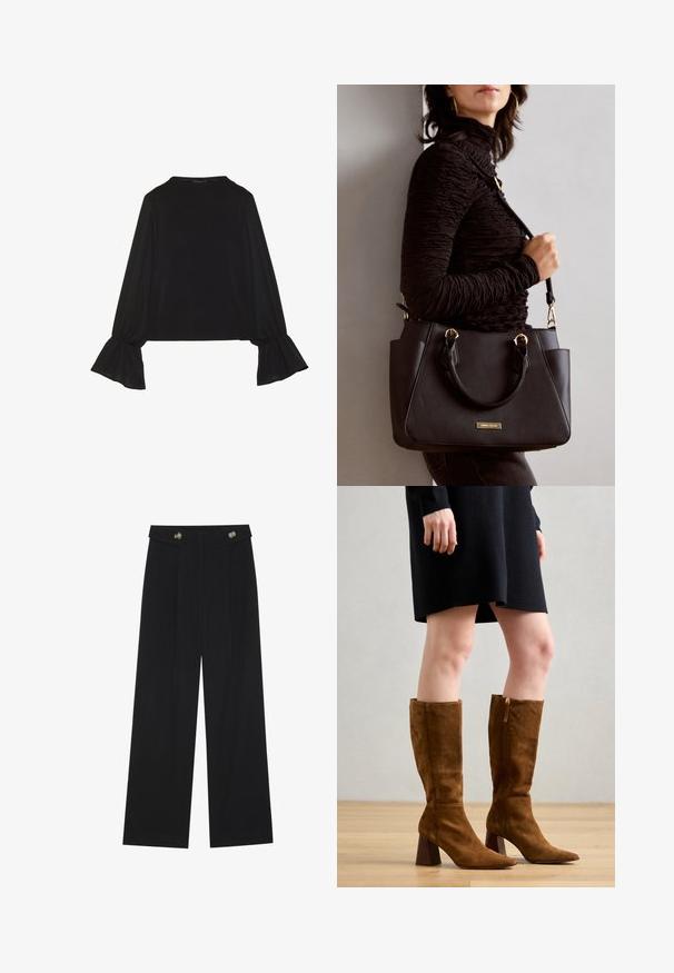 Μαύρο μακρυμάνικο μπλουζάκι με φουσκωτούς βραχίονες, μαλακή υφή και άνετη γραμμή, με απλή στρογγυλή λαιμόκοψη.; Μαύρο παντελόνι φόρμας σε φαρδιά γραμμή με ψηλή μέση, κουμπιά στη μέση και πλαϊνές τσέπες.; ÁNGEL ALARCÓN Μπότες - mogano; Μαύρη τσάντα χειρός με υφή, διπλές λαβές στην κορυφή και ρυθμιζόμενο ιμάντα ώμου. Διαθέτει χρυσά μεταλλικά στοιχεία και πλάγιες τσέπες.