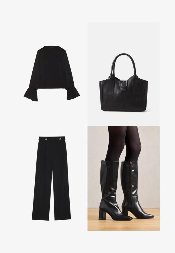 Top preto de mangas longas com punhos largos, textura suave e um corte descontraído, com um simples decote redondo.; Calças largas pretas com cintura alta, detalhes em botão na cintura e pregas frontais.; Botas de couro pretas até ao joelho, com um acabamento brilhante, ponta afilada e salto grosso. Detalhe de fecho lateral para facilitar o uso.; Bolsa tote de couro preta com textura suave, forma estruturada, duas alças e um destaque prateado proeminente na parte da frente.