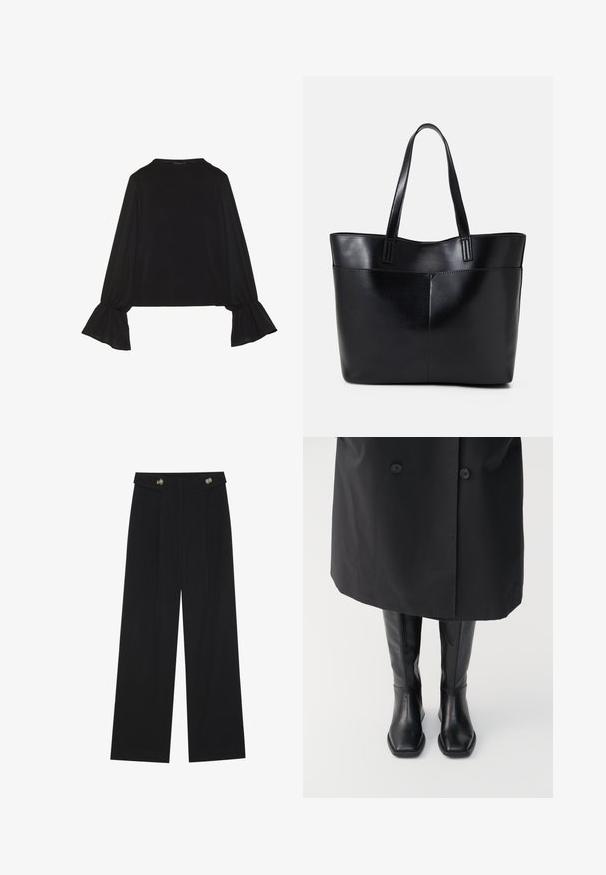 Črn dolg rokav vrh z razširjenimi manšetami, mehko teksturo in sproščenim krojem, z preprostim okroglim izrezom.; Črne široke hlače s visokim pasom, gumbnimi detajli na pasu in sprednjimi gubami.; Črne, usnjene škornje do kolen s kvadratnim nosom, gladka tekstura in minimalističen design, v kombinaciji z dolgim črnim plaščem.; Črna usnjena torba z dvema dolgima ročajema, gladko teksturo in strukturirano obliko. Ima sprednji žep za dodatno shranjevanje.
