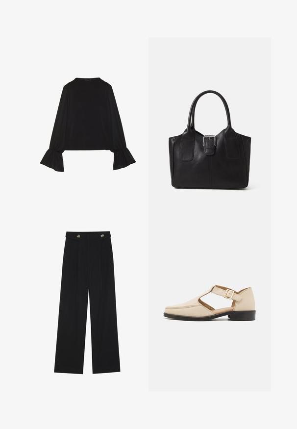 Zwarte langemouwen top met uitlopende manchetten, een zachte textuur en een relaxed fit, met een eenvoudige ronde halslijn.; Zwarte wijde broek met hoge taille, knoopdetails op de tailleband en plooien aan de voorkant.; Zign LEATHER - Instappers - mottled beige; Zwarte leren tote bag met een gladde textuur, gestructureerde vorm, twee handvatten en een opvallend zilveren sluitingdetail aan de voorkant.