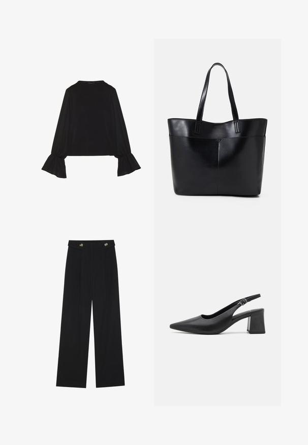 Črn dolg rokav vrh z razširjenimi manšetami, mehko teksturo in sproščenim krojem, z preprostim okroglim izrezom.; Črne široke hlače s visokim pasom, gumbnimi detajli na pasu in sprednjimi gubami.; Črne usnjene čevlje s peto s črnim vrhom in maso bloka. Ima prilagodljiv trak z kovinsko sponko.; Črna usnjena torba z dvema dolgima ročajema, gladko teksturo in strukturirano obliko. Ima sprednji žep za dodatno shranjevanje.