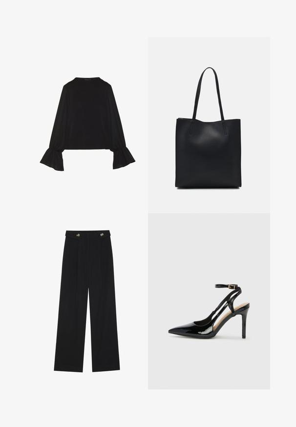 Črn dolg rokav vrh z razširjenimi manšetami, mehko teksturo in sproščenim krojem, z preprostim okroglim izrezom.; Črne široke hlače s visokim pasom, gumbnimi detajli na pasu in sprednjimi gubami.; Črne lakaste usnjene čevlje na visoki peti z odprtim petnim delom, usnjeni trak za prilagoditev okrog gležnja in z ozkimi stranskimi odprtinami. Gladka tekstura.; Črna usnjena torba s svilnato teksturo, pravokotne oblike in dvema dolgima ročajema. Brez vidnih metalnih delov ali okrasnih elementov.