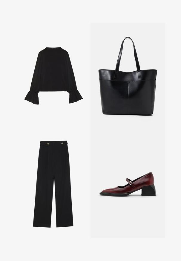 Black long-sleeve top featuring flared cuffs, soft texture, and a relaxed fit, with a simple round neckline.; Black wide-leg trousers with high waist, button details on waistband, and front pleats.; Burgundy leather Mary Jane shoe with a pointed toe, a side buckle strap, and a chunky black heel. Smooth finish with a slight shine.; Black leather tote bag with two long handles, a smooth texture, and a structured shape. Features a front pocket for additional storage.