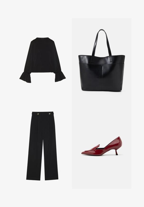 Crna majica dugih rukava s proširenim manžetama, mekanim materijalom i opuštenim krojem, s jednostavnim okruglim izrezom.; Crne hlače širokih nogavica s visokim strukom, s dugmadi na pojasu i prednjim nabora.; Crvene lakirane kožne štikle s šiljastim vrhom, bez kopčanja i s niskom štiklom. Glatka tekstura s elegantnim siluetom.; Crna kožna torba s dugim ručkama, glatkom teksturom i strukturiranim oblikom. Ima prednju džep za dodatno pohranu.
