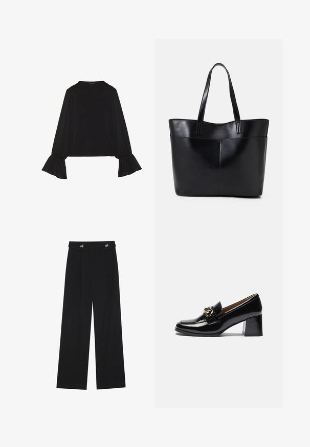 Black long-sleeve top featuring flared cuffs, soft texture, and a relaxed fit, with a simple round neckline.; Black wide-leg trousers with high waist, button details on waistband, and front pleats.; Black patent leather heeled loafers featuring a rounded toe, chunkier heel, and a gold-tone hardware accent on the front strap.; Black leather tote bag with two long handles, a smooth texture, and a structured shape. Features a front pocket for additional storage.
