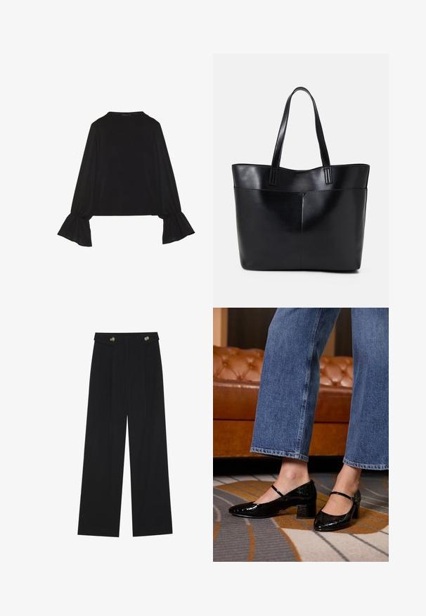 Crna majica dugih rukava s proširenim manžetama, mekanim materijalom i opuštenim krojem, s jednostavnim okruglim izrezom.; Crne hlače širokih nogavica s visokim strukom, s dugmadi na pojasu i prednjim nabora.; Crne lakirane kožne štikle s izduženim nosom, blok petom i trakama oko gležnja, nosi se s trapericama širokih nogavica, na uzorkovanom tepihu.; Crna kožna torba s dugim ručkama, glatkom teksturom i strukturiranim oblikom. Ima prednju džep za dodatno pohranu.
