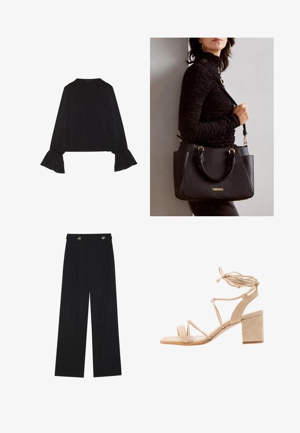 Czarny top z długim rękawem, z rozkloszowanymi mankietami, miękką fakturą i luźnym krojem, z prostym okrągłym dekoltem.; Czarne szerokie spodnie z wysokim stanem, z detalami w postaci guzików na pasku oraz plisami z przodu.; Beżowe zamszowe sandały na wysokim obcasie z blokowym obcasem, otwartym noskiem i elastycznymi paskami krzyżującymi się wokół kostki. Gładka tekstura, minimalistyczny design.; Czarna torebka z teksturowanej powierzchni, podwójnymi uchwytami na górze i regulowanym paskiem na ramię. Posiada złote okucia i boczne kieszenie.