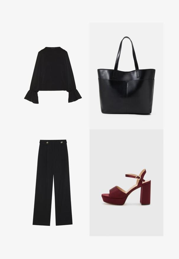 Črn dolg rokav vrh z razširjenimi manšetami, mehko teksturo in sproščenim krojem, z preprostim okroglim izrezom.; Črne široke hlače s visokim pasom, gumbnimi detajli na pasu in sprednjimi gubami.; Burgundy platform sandale z odprtim nosom, debelim bloko peto, trakovi okrog gležnja in satenskimi zaključki. Imajo prepleteno sprednjo zasnovo.; Črna usnjena torba z dvema dolgima ročajema, gladko teksturo in strukturirano obliko. Ima sprednji žep za dodatno shranjevanje.