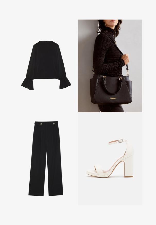 Schwarz langärmliges Oberteil mit ausgestellt geschnittenen Bündchen, weicher Textur und entspannter Passform, mit einem schlichten runden Halsausschnitt.; Schwarze weite Hosen mit hoher Taille, Knopfdetails am Bund und vorderen Falten.; Weiße High-Heel-Sandale mit Knöchelriemen, minimalistisches Design, offene Zehen, Blockabsatz und glattes Lederfinish.; Schwarze Handtasche mit strukturierten Oberflächen, doppelten Obergriffen und verstellbarem Schultergurt. Mit goldfarbener Hardware und Seitentaschen.