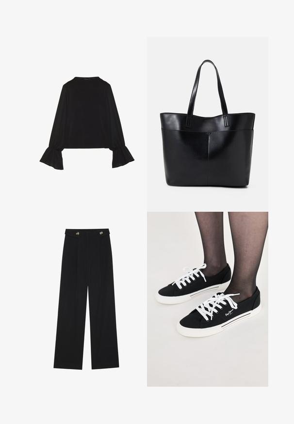 Top negro de manga larga con puños acampanados, textura suave y un ajuste relajado, con un sencillo cuello redondo.; Pantalones de pierna ancha negros con cintura alta, detalles de botones en la cinturilla y pliegues en la parte delantera.; Zapatillas de lona negras con cordones blancos, suelas de goma blanca y detalles de franjas en los laterales. Presentan un logo en los lados exteriores.; Bolso tote de cuero negro con dos asas largas, textura suave y forma estructurada. Cuenta con un bolsillo frontal para almacenamiento adicional.