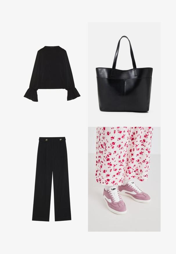 Čierny top s dlhými rukávmi, flitrovanými manžetami, mäkkou textúrou a voľným strihom, s jednoduchým okrúhlym výstrihom.; Čierne široké nohavice s vysokým pásom, so zapínaním na gombíky na páse a prednými sklady.; Ružové semišové tenisky s bielymi akcentmi, s okrúlou špičkou, šnurovaním vpredu a textúrovanou gumovou podrážkou, spárované s šatami s kvetinovým vzorom.; Čierna kožená tote taška s dvoma dlhými rúčkami, hladkým povrchom a štruktúrovaným tvarom. Obsahuje prednú kapsu pre dodatočné uskladnenie.