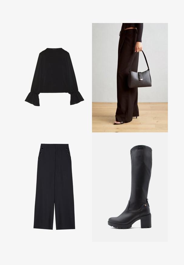 Crna majica dugih rukava s proširenim manžetama, mekanim materijalom i opuštenim krojem, s jednostavnim okruglim izrezom.; Hlače širokih nogavica od tamnoplave tkanine, s glatkom teksturom, prednjim ispupčenjima i dekorativnim zlatnim okovama na bočnim džepovima.; Crne objednice do koljena od glatke kože s četvrtastim vrhom, dugim blok-petom i teksturiranim gumenim potplatom. Sadrži diskretan detalj s logotipom.; Crna torba s oblikom koji sadrži strukturu, glađu teksturu i metalnu kopču. Uparena s širokim crnim hlačama i sandalama na otvorenom s drvenog poda.