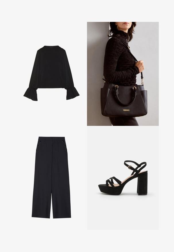 Svart langermet topp med utsvingte mansjetter, myk tekstur og avslappet passform, med enkel rund hals.; Bredde benbukser i mørk marinefarge, med en jevn tekstur, frontfalter og dekorative gullfargede øyespenner på sidelommene.; Sorte semskede plattformsandaler med bred klack, med krysslagte remmer og en spenne ved ankelen for en sikker passform.; Svart håndveske med teksturert overflate, doble topphåndtak og justerbar skulderrem. Har detaljer i gulltone og sidelommer.