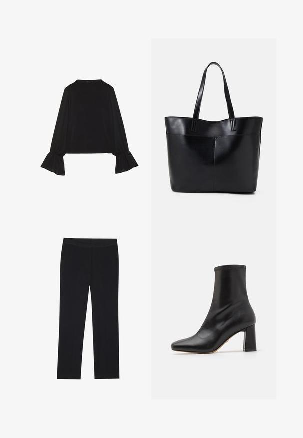 Mustsärgid musta tooniga, pika varrukaga, flöödid käised, pehme tekstuur ja vabalt langev lõige, lihtsa ümaraga kaelusega.; Mustad püksid otse lõikega, küljetaskud ja sile kangatekstuur. Minimalistlik detailide valik, puhas vöökoht.; Must musta üll ja sujuva viimistlusega, terava nina ja ploki kontsaga. Omab kõrget äärt ja toon-toonis tikandid üleval.; Must mustaga musta nahast, millel on kaks pikka kanda, sile tekstuur ja struktureeritud kuju. Esipoolsel on lisakoti jaoks tasku.