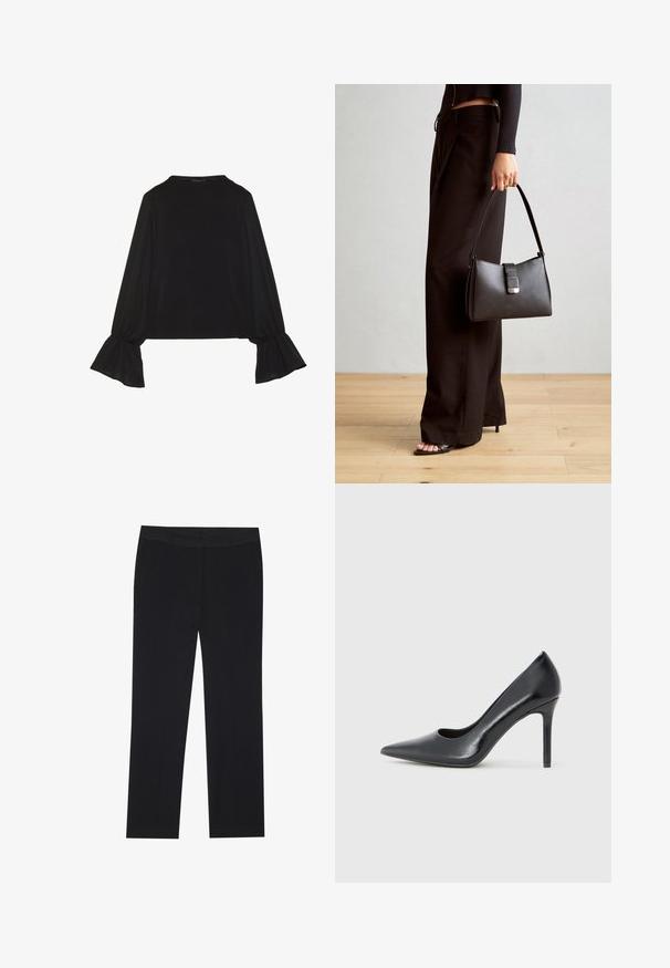 Črn dolg rokav vrh z razširjenimi manšetami, mehko teksturo in sproščenim krojem, z preprostim okroglim izrezom.; Črne hlače s ravnim krojem, opremljene z stranskimi žepi in gladkim tekstilnim materialom. Minimalistično oblikovanje, čist pas.; Črne lakirane usnjene čevlje s peto z visokim petnim peto in ožjim profilom, z ozko stiletto peto in minimalističnim dizajnom.; Črna torbica z strukturirano obliko, gladko teksturo in kovinskim zaponko. Ujemajo se z širokimi črnimi hlačami in odprtimi sandali na lesenem tleh.